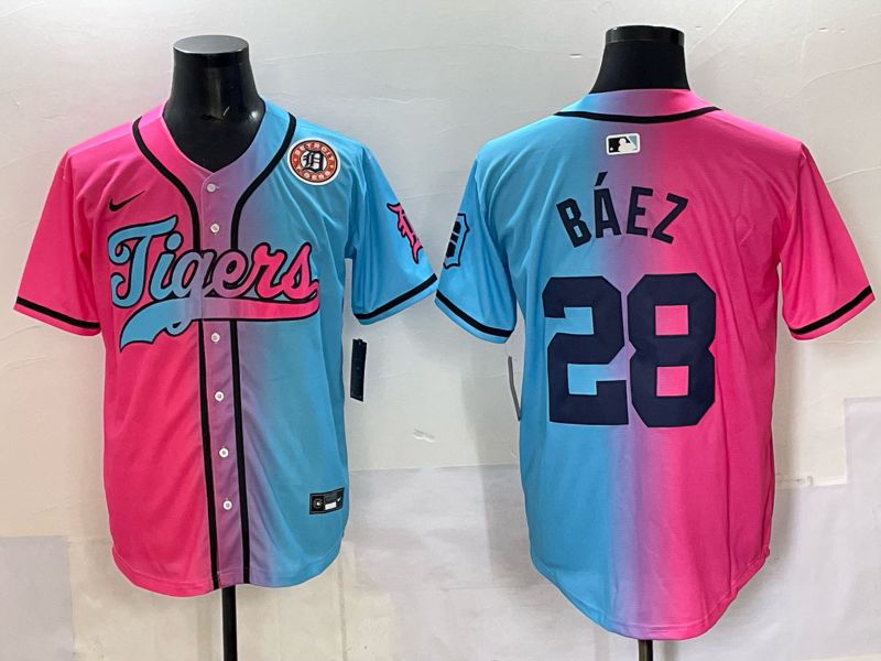 Men 2025 Detroit Tigers 28 Baez Blue pink Game Nike MLB Jersey style 07